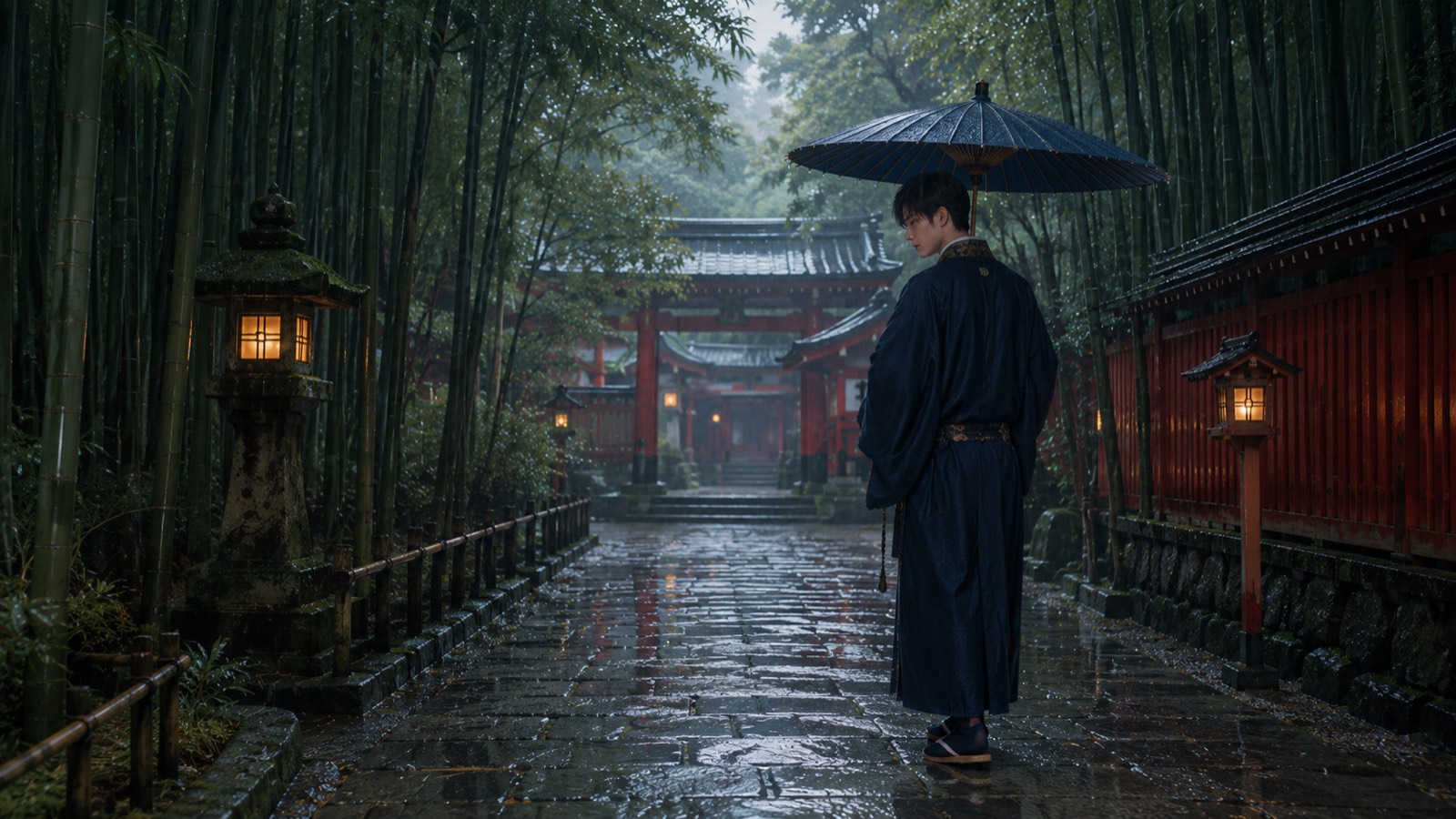 雨の神社の参道にたたずむ夕陽蓮